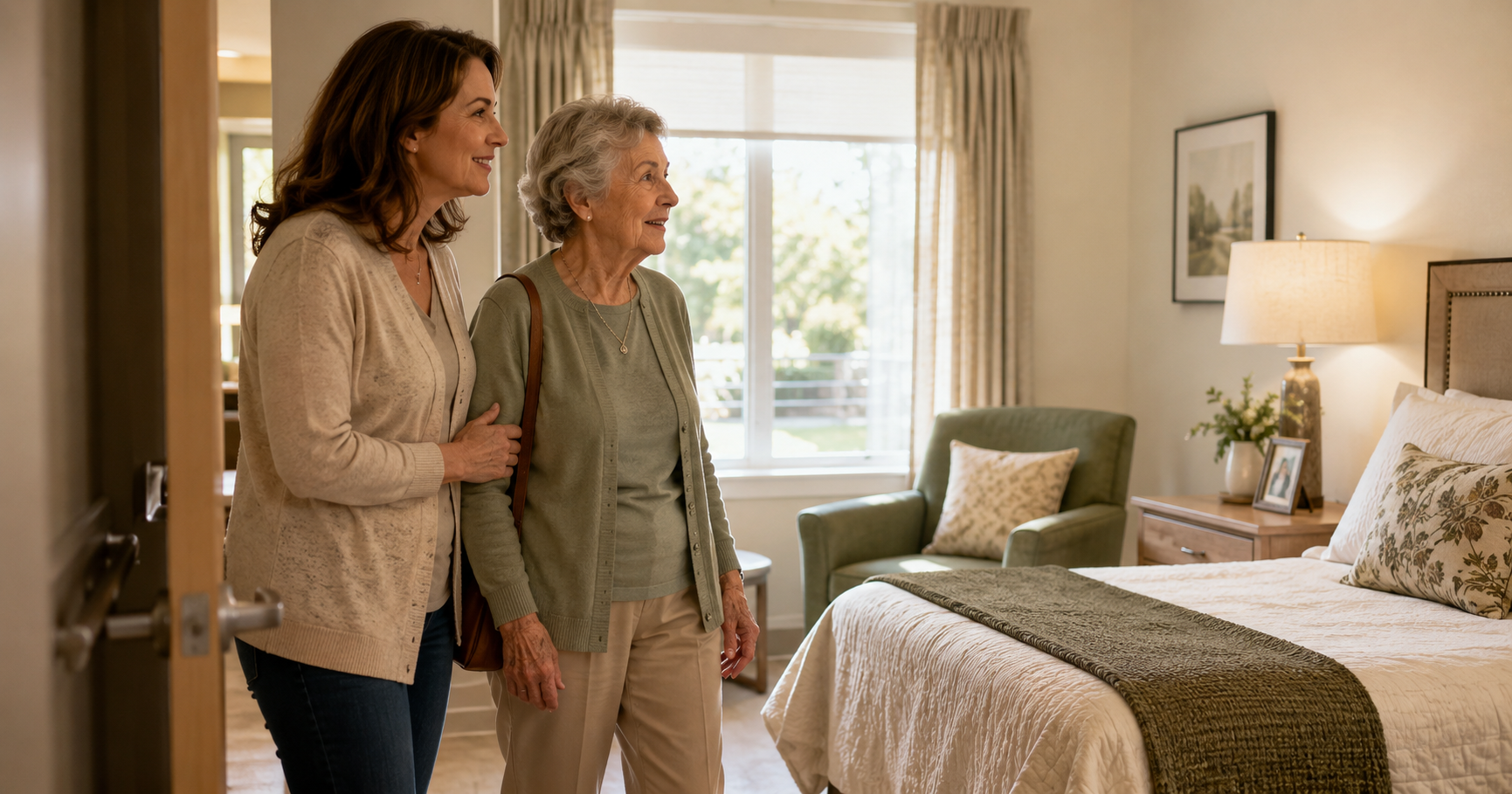 a mid-life woman visiting an assisted living facility with her senior mom