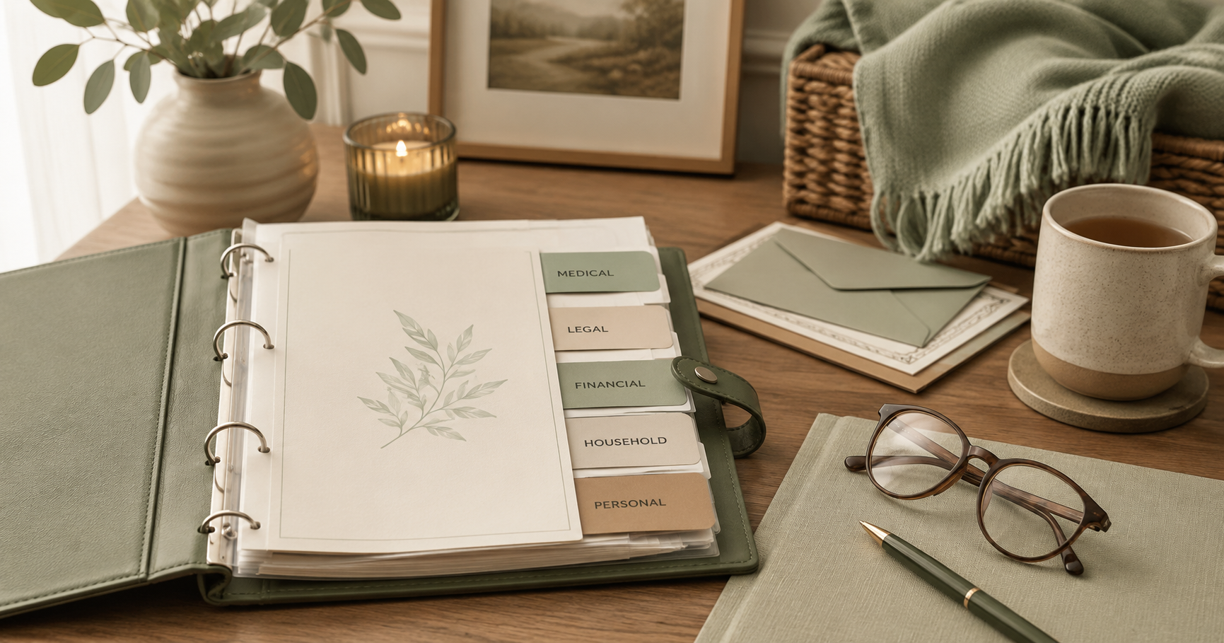 Organized emergency binder with labeled sections for medical, legal, financial, and household information for an aging parent