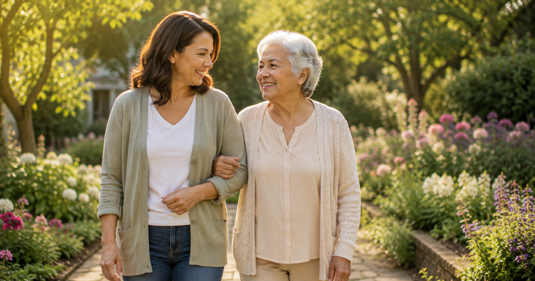 Older couple being welcomed into a bright living room by an adult child