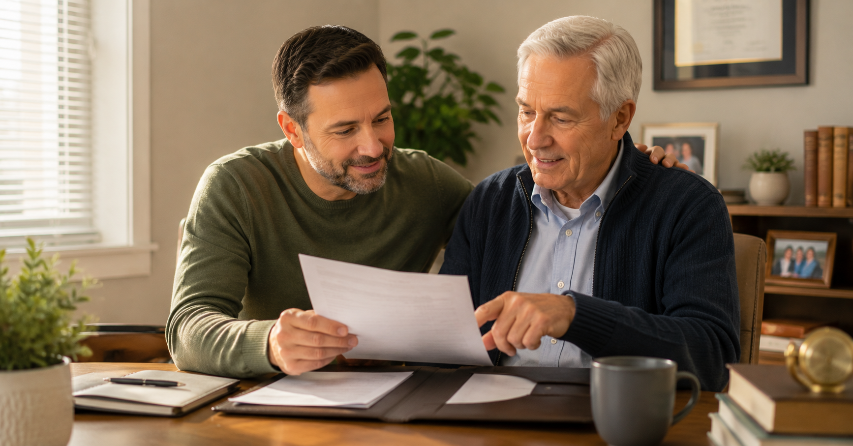 Adult son reviewing legal documents with his elderly father at a desk
