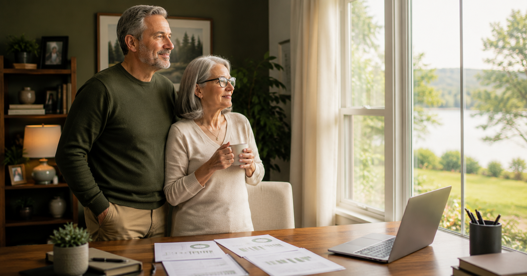 Couple in their 60s reviewing retirement plans together at a home desk