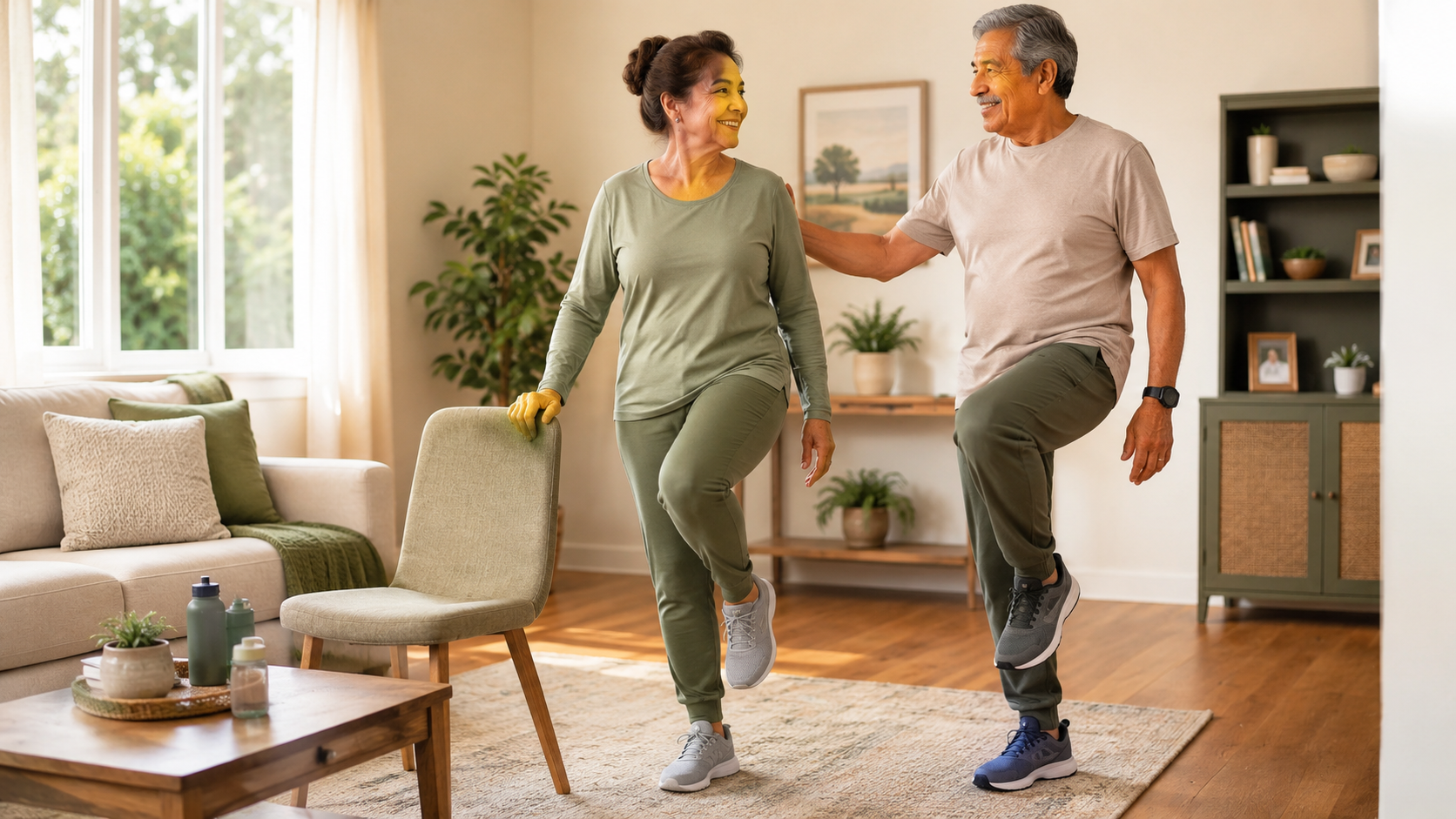 Hispanic husband and wife in their mid-60s doing a gentle balance exercise together in their living room